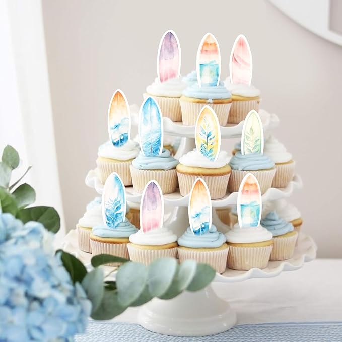 60 Pack Edible Surfboard Cupcake Toppers Wafer Paper Surfboard Palm Tree Coconuts Cupcake Picks Holiday Beach Surf Cake Decorations for Summer Beach Theme Birthday Party Supplies