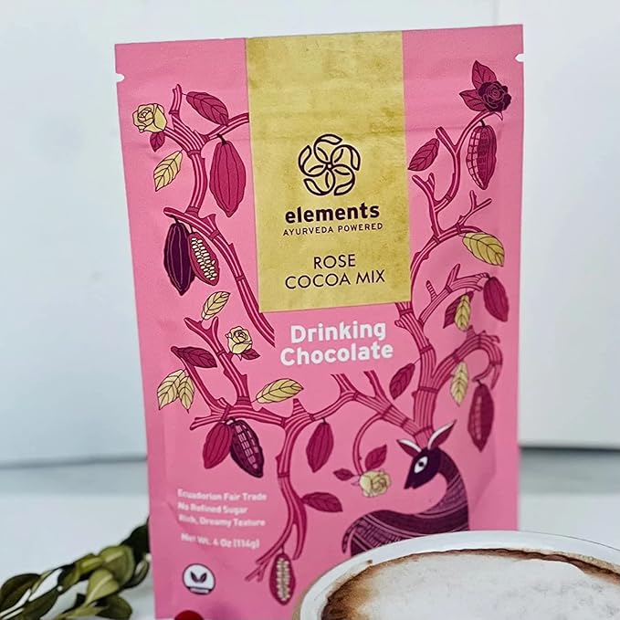 Elements Truffles Rose Essential Oil Hot Chocolate - Heavy Metal Tested- All-Natural, Handmade Hot Chocolate Mix - Uses Ecuadorian, Fair Trade, Organic Cacao Powder - Vegan Hot Cocoa Mix - 16 Oz