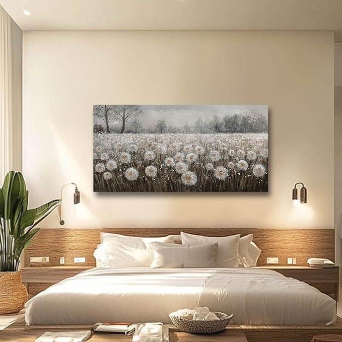 White Flowers Wall Art for Living Room Framed Wall Decor Dandelion Wall Art Artwork Canvas Paintings for Home Office 29"x58??,<div>