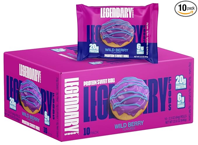 Legendary Foods 20g Protein Wild Berry Sweet Roll - Premium High Protien Bars, Low Carb Meal Replacement Snack, Low Glycemic Index, Gluten Free Snacks - Zero Sugar, Keto and Diabetic Friendly 10-Pack