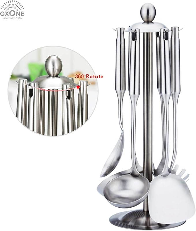 Kitchen Utensil Set ??6 Piece Stainless Steel Cooking Utensils with Rotating Holder Organizer Includes Slotted Spoon, Slotted Spatula, Large Spoon, Soup Ladle, Spatula, Pasta Server Silver/7PCS