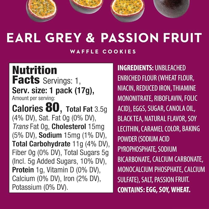 Reko Tea Fusions Waffle Cookies, Earl Grey & Passion Fruit - Individually Wrapped Single Serve Snack Packs - Thin Italian Pizzelles with No Artificial Flavors or Colors - 5 Cookies per Pack, Box of 12