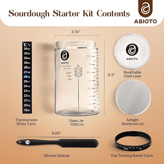 Sourdough Jar Kit, Includes 34 oz Sourdough Starter Jar with Metallic Lid, Silicone Spatula, Feeding Tracker, Extra Thermometer Strips & Breathable Covers ??Sourdough Bread Starter Kit