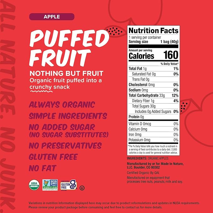Made In Nature Organic Puffed Fruit, Apple, 1.4 Ounce Bag (Pack of 6) - Vegan Snack, Non-GMO, Gluten Free
