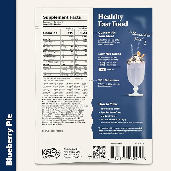 Keto Chow Blueberry Pie - Keto Meal Replacement Shake Powder - Nutritionally Complete - Low Carb - Delicious Easy Meal Substitute - Protein Rich You Choose The Fat - 21 Meal Serving
