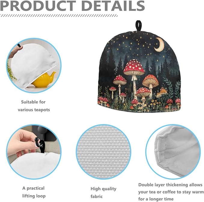 Mushroom Print Tea Cozy Creative Insulated Tea Cosy Extra Thick Home Kitchen Decoration Creative Gifts Dust Teapot Cover Kitchen Accessories for Travel