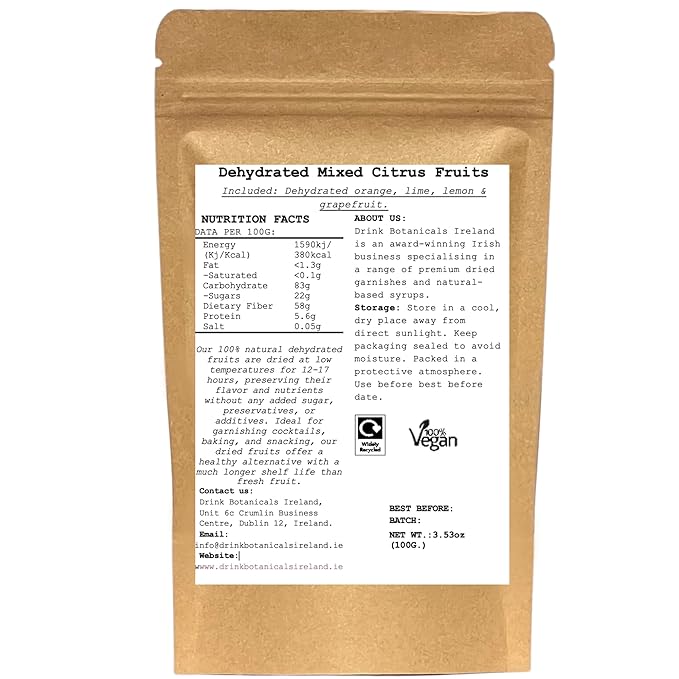 Drink Botanicals Ireland Mixed Dehydrated Citrus Fruits | Dried Orange, Lime, Lemon, Grapefruit Slices | 40+Slices | 100% Natural | For Cocktail Garnishing, Wreath, Cakes | 3.52 oz,100G | Kraft Pouch