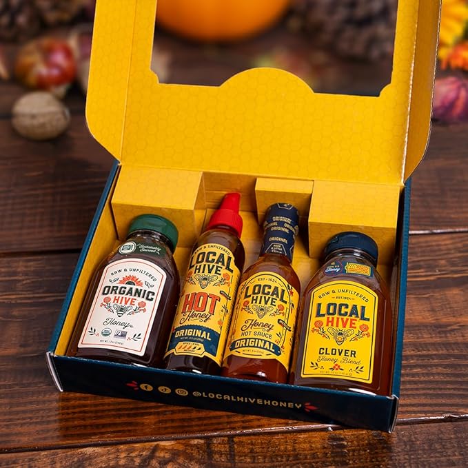 Local Hive Sweet & Heat Sampler - Original Hot Honey, Organic Hive 12oz, Local Hive 12oz Clover Honey, and Original Hot Sauce - ideal for drizzling, cooking, and elevating every bite