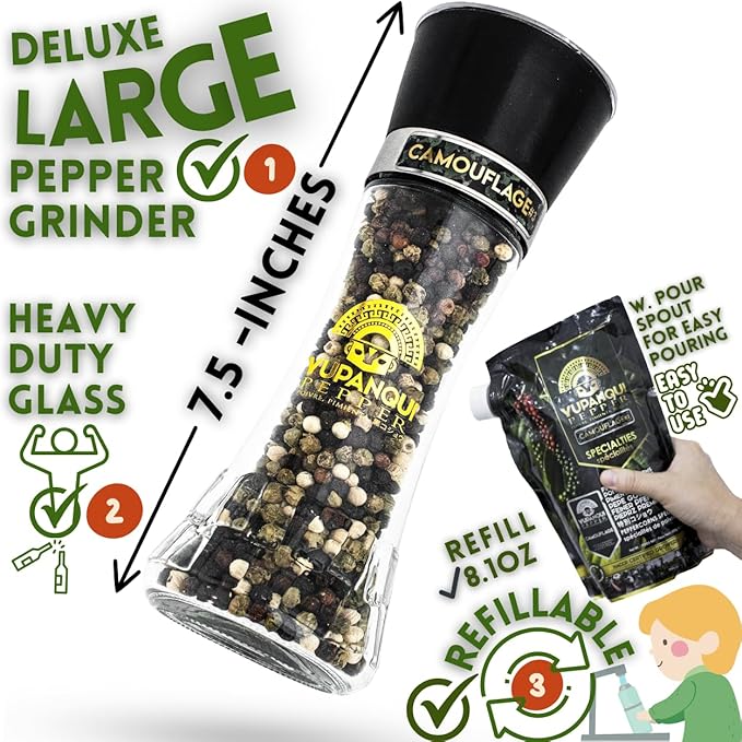 Yupanqui Peppercorn Medley Grinder FOR VEGGIE GRILL 3.5oz, Refillable Pepper Grinder Manual with Organic Peppercorns Mix of Tri Color Peppercorns Whole CAMOUFLAGE