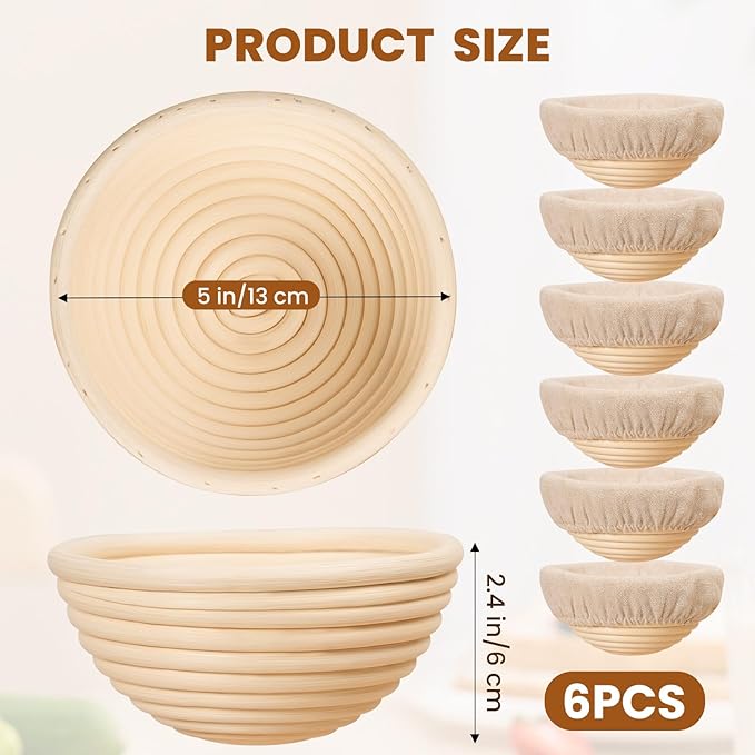 5 Inch Banneton Bread Proofing Basket Set of 6, Kikcoin Mini Sourdough Bread Baking Supplies, Small Banneton Basket Proofing Baskets for Sourdough Bread Baking