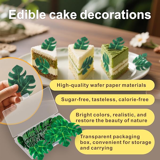 96 Pcs Hawaiian Cake Decorations, Edible Tropical Leaves, Tropical Cupcake Toppers, Mini Palm Leaves Edible Cupcake Toppers for Jungle Hawaii Theme Baby Shower Kids Birthday Party Supplies