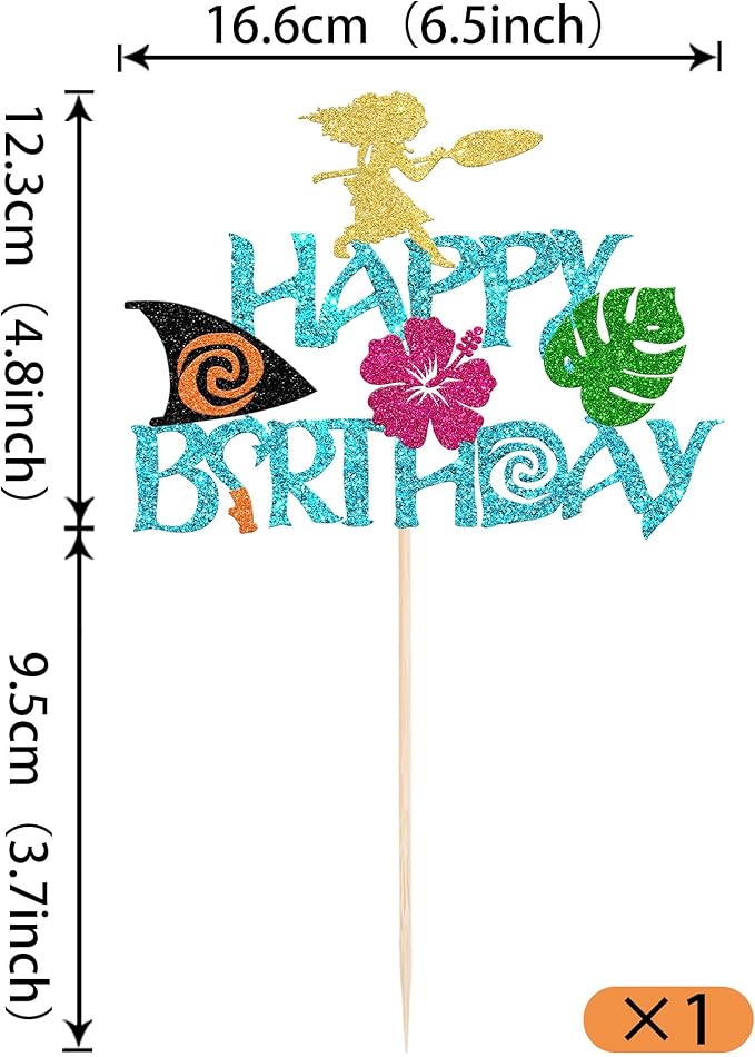 Rsstarxi 1 Pack Moana Happy Birthday Cake Topper Blue Glitter Palm Leaf Flower Cake Pick for Summer Hawaiian Tropical Luau Baby Shower Kids Birthday Party Cake Decorations Supplies