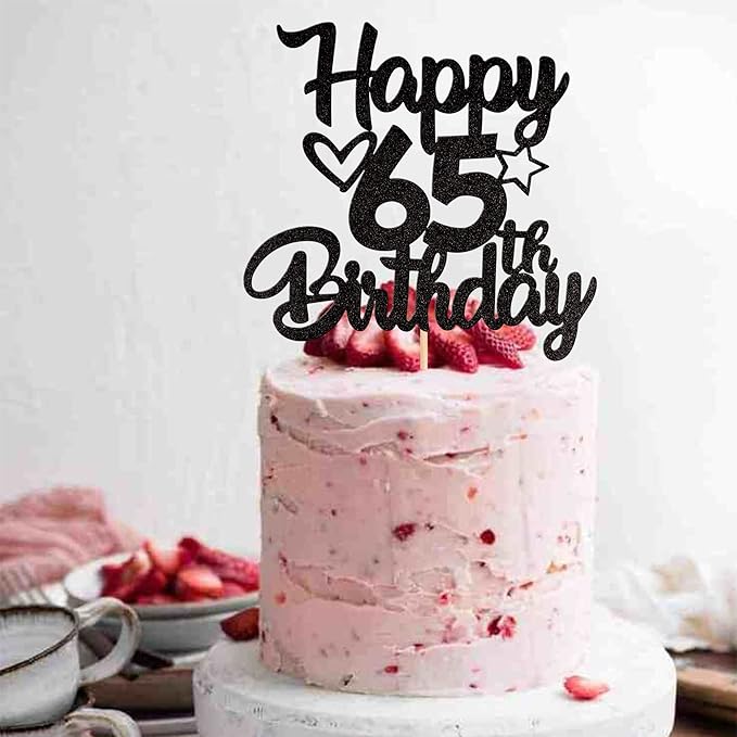 1 Pack Happy 65th Birthday Cake Topper Glitter Heart Star 65 Fabulous Cake Pick Birthday Sign Cake Decorations for Children 65th Birthday Theme Party Supplies Black