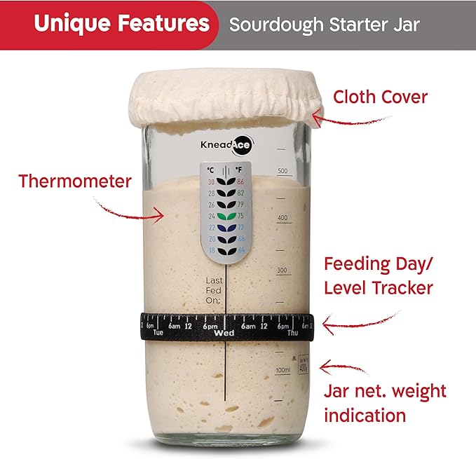 Sourdough Starter Jar With Date Marked Feeding Band, Thermometer, Sourdough Jar Scraper, Sourdough Container Sewn Cloth Cover & Metal Lid, Sourdough Starter Kit (2 Pack)