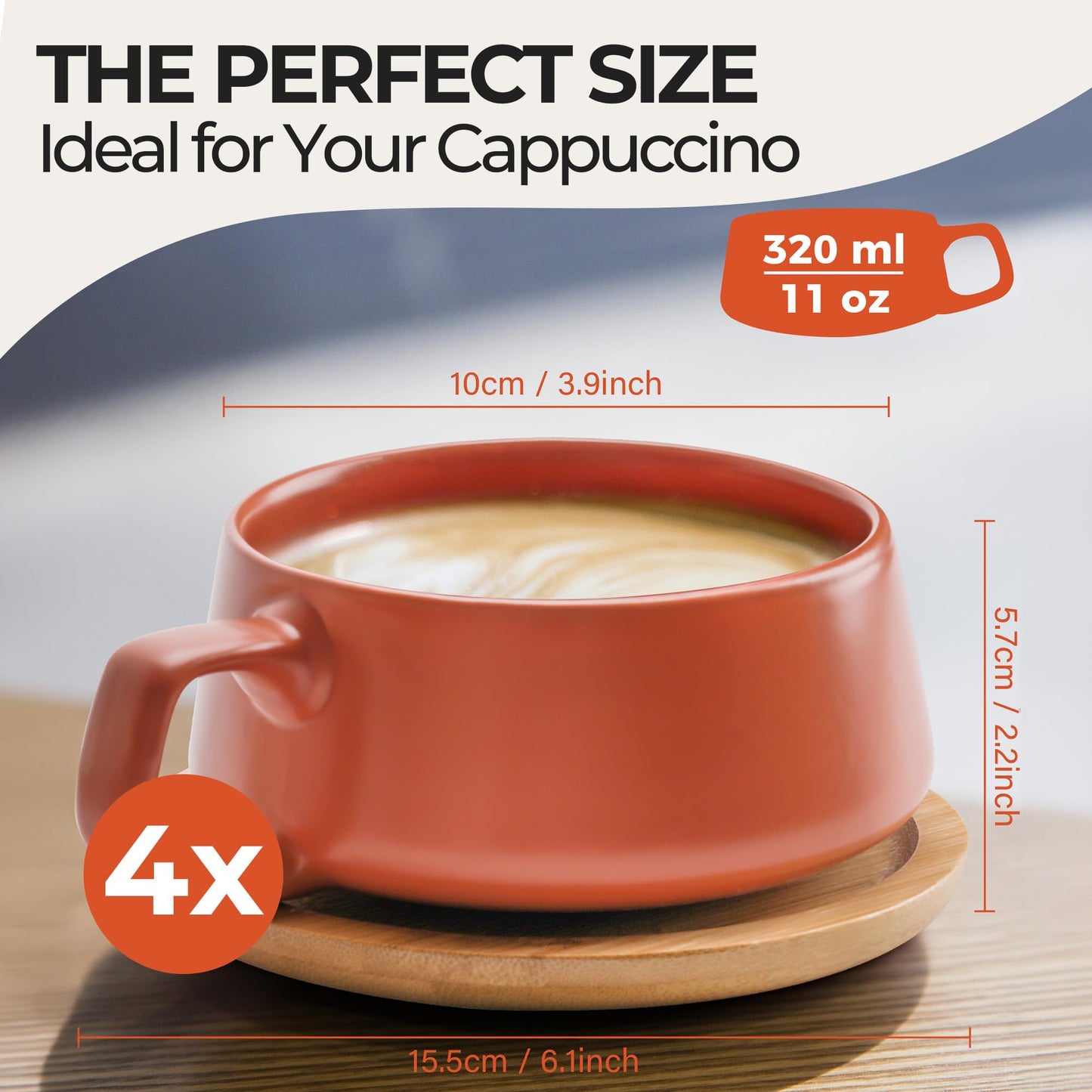 MIAMIO - Cappuccino Cup Set of 4, Ceramic (9.5oz) - Luxe (Beige Pastel)