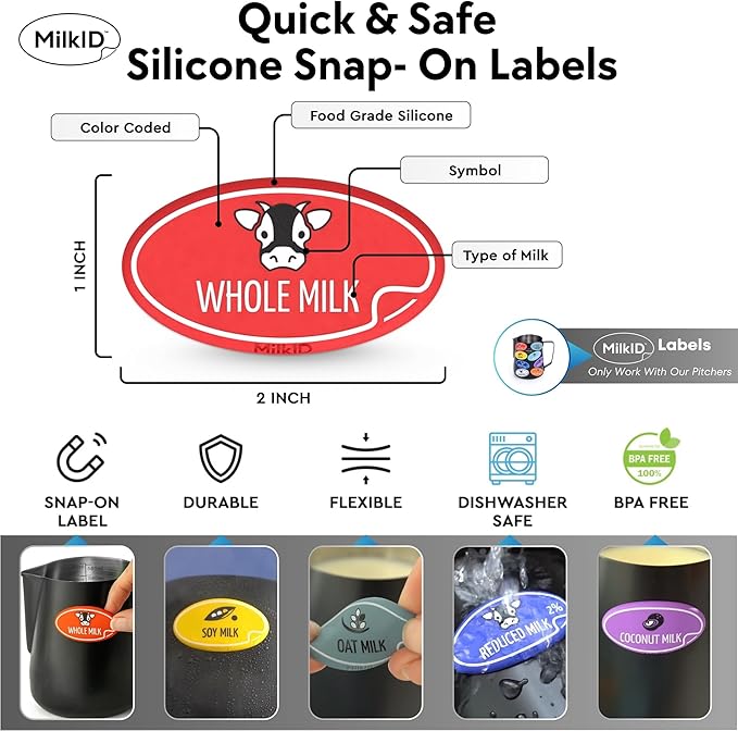 Milk Frothing Pitcher with 8 Allergen Silicone Snap-On Labels | Must-Have Barista Tool | Coffee Bar Accessories & Espresso Accessories Kit | (12oz / Black Pitcher + Labels)