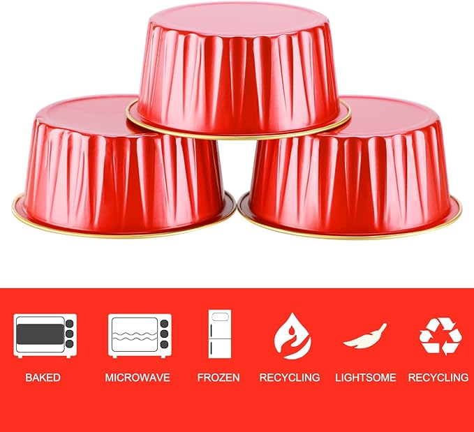 EUSOAR Dessert Cups with Lids, 30pcs 5oz Disposable Aluminum Tin Foil Ramekins Cupcake Baking Cups Containers Wrappers with Lids, Mini Aluminum Cheesecake Pan Creme Brulee Ramekins-Red+Gold