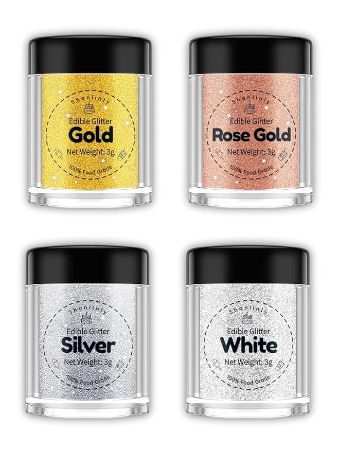 Shanlinly Edible Glitter Set - 4 Colors Food Grade Edible Glitters for Cake Strawberries Drink Dust Shimmering Glitter, Vegan Metallic Food Coloring Sprinkle on Sparkle for Chocolates, Fondant Pops