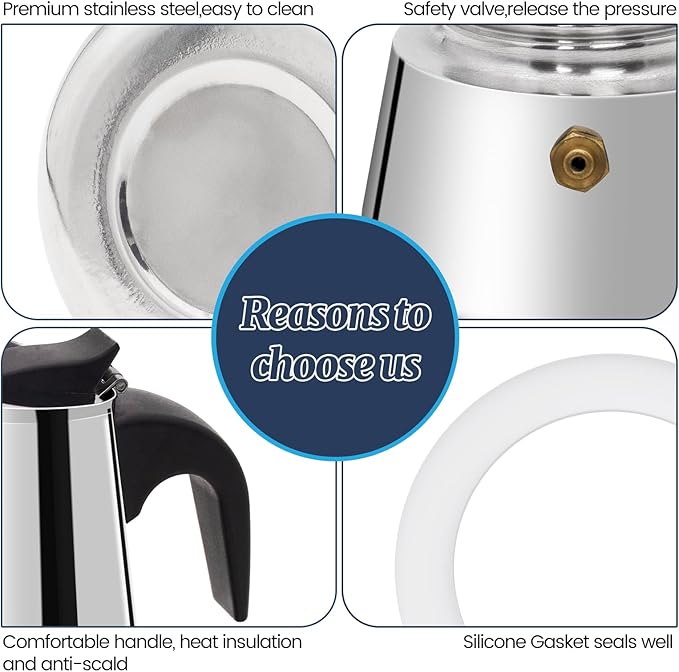 4 Cup Moka Pot Stainless Steel 200ml Italian Espresso Coffee Maker Stovetop CoffeeMakers Mocha Pot Percolator for Induction Stove Classic Cafe Makers Portable for Easy Brewing Tummy