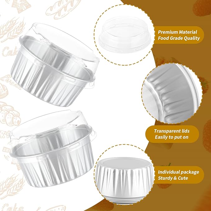 100Pack Alluminum Cupcake Containers, 5oz Dessert Cups with Lids, Mini Cake Pans With Lids&Spoons for Gift Holiday Party Cake Baking Sales Mini Storage Box Stackable Portable (silver)