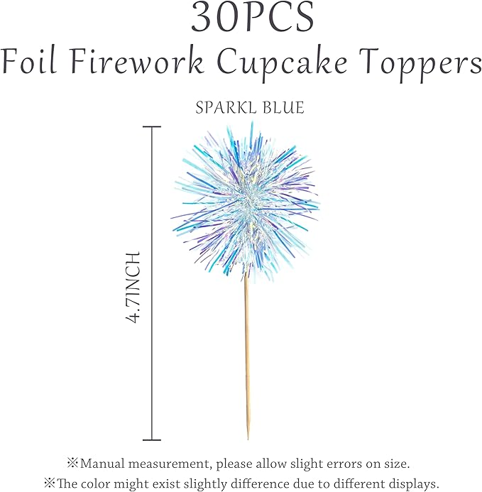 30PCS Foil Firework Cupcake Toppers, Takemay Happy Birthday Blue Cake Toppers, Sparkle Tinsel Flower Drink Stirrers Cocktail Food Fruit Toothpicks for Xmas Party Birthday Wedding Ceremony