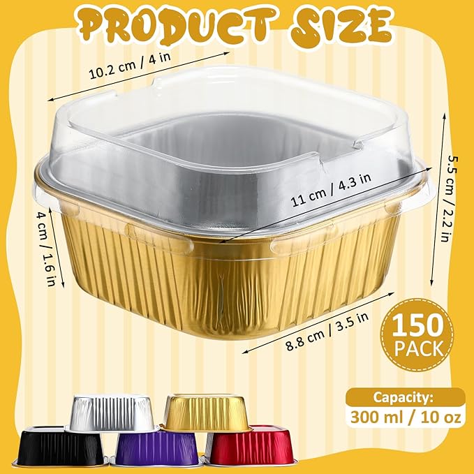 Aoriher 150 Pieces 10 oz Mini Cake Pans with Lids Aluminum Foil Baking Cups Square Disposable 4" x 4" Large Cupcake Cups Baking Tins for Kitchen Brownie Pudding Desserts Holders(Multicolor)