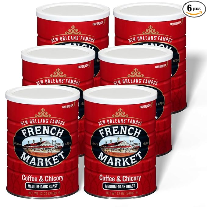 French Market Coffee & Chicory Medium-Dark Roast Ground Coffee, 12oz Can (Pack of 6)