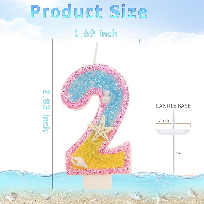 2nd Birthday Candle for Cake, Pink Beach Starfish Sequins Number Cake Candles, 2.76 inch Pink Cake Topper Decoration for Birthday Party (Number 2)