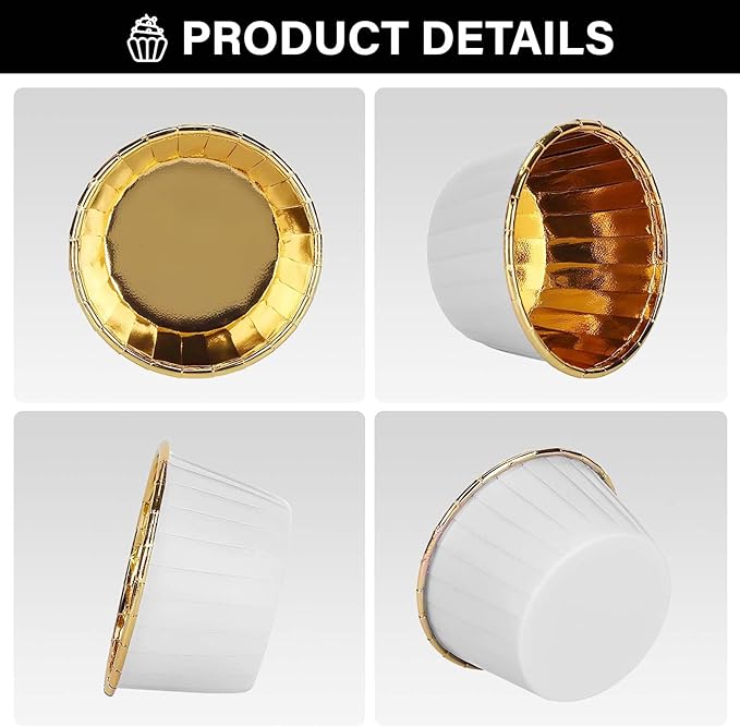 EUSOAR Cupcake Cups, 200pcs 3.5oz Mini Cheesecakes Holders Disposable Ramekins, Muffin Cupcake Liners Aluminum Foil Wrappers Paper Liner Cups for Birthday Wedding Party Festival-White/Gold