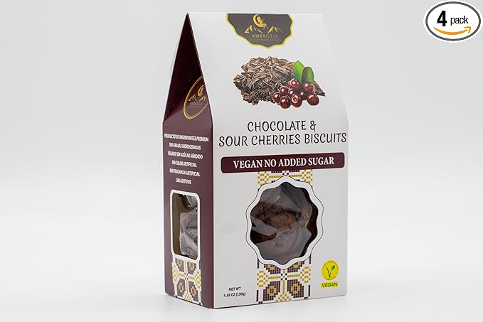 Ambrozia Vegan Snack Biscuits ??Chocolate & Sour Cherry - Soft Baked, No Added Sugar, Clean Label, High Fiber & Wholesome Ingredients, Kid-Friendly, Healthy Snacks for Active Lifestyles, 4 x 4.58 Oz