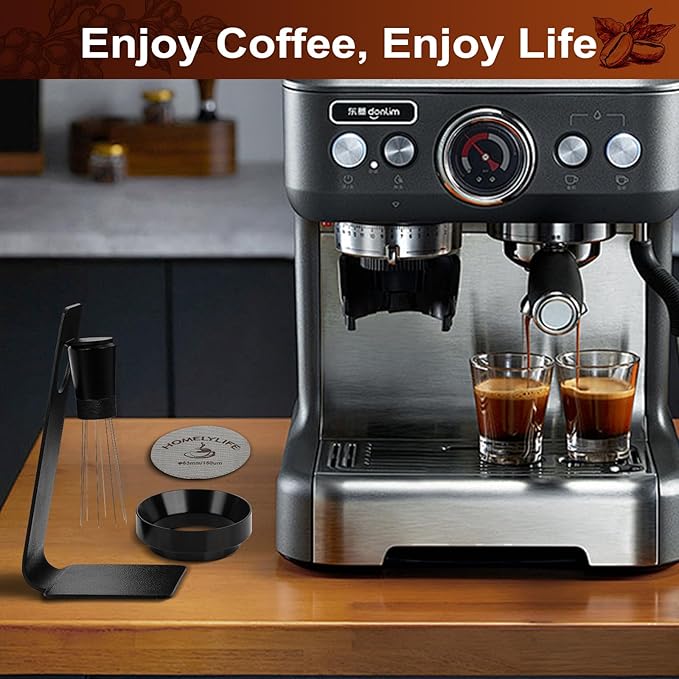 WDT Tools Espresso Puck Screen, 53mm Espresso Accessories Kit - 150關m Puck Screen Set, 0.25mm 316 Stainless Steel 8 Needles Coffee Distribution Stirrer, Portafilter Dosing Ring for Barista Black