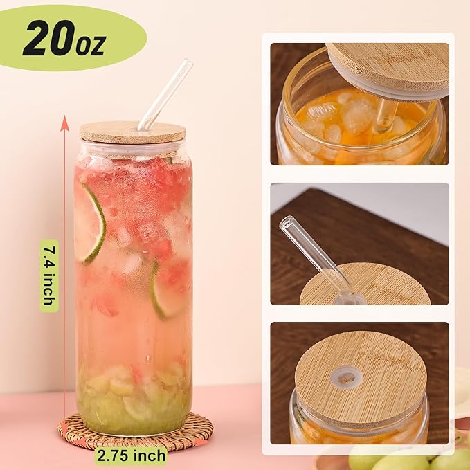 YUNCANG 6 Pack Bamboo Lid Glass Drinking Glasses with Glass Straw - 20-ounce Can Shaped Glassware for Beer, Iced Coffee, Cocktails, Whiskey, and More, Perfect for Cocktails, Whiskey, and Gifting