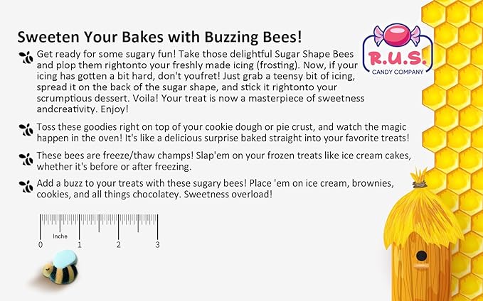 Bees Cake Decorations- Bumble Bee Shaped Edible Hard Sugar Decorations, 12 pcs by R.U.S. Candy Company