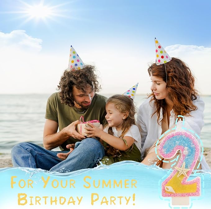 2nd Birthday Candle for Cake, Pink Beach Starfish Sequins Number Cake Candles, 2.76 inch Pink Cake Topper Decoration for Birthday Party (Number 2)