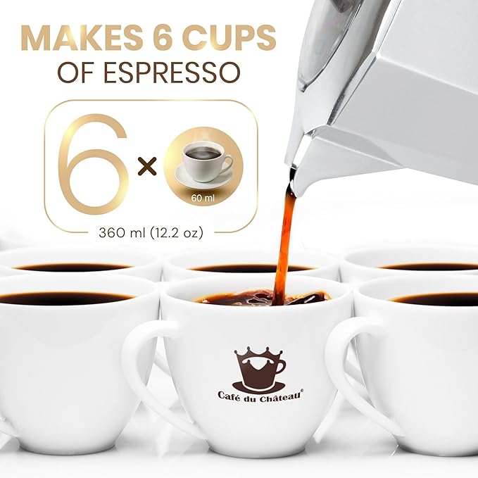 Cafe Du Chateau Moka Pot Espresso Maker - Makes 6 Espresso Cups - Stovetop Coffee Percolator with Clip Measuring Spoon - Ideal Cuban & Italian Coffee Maker