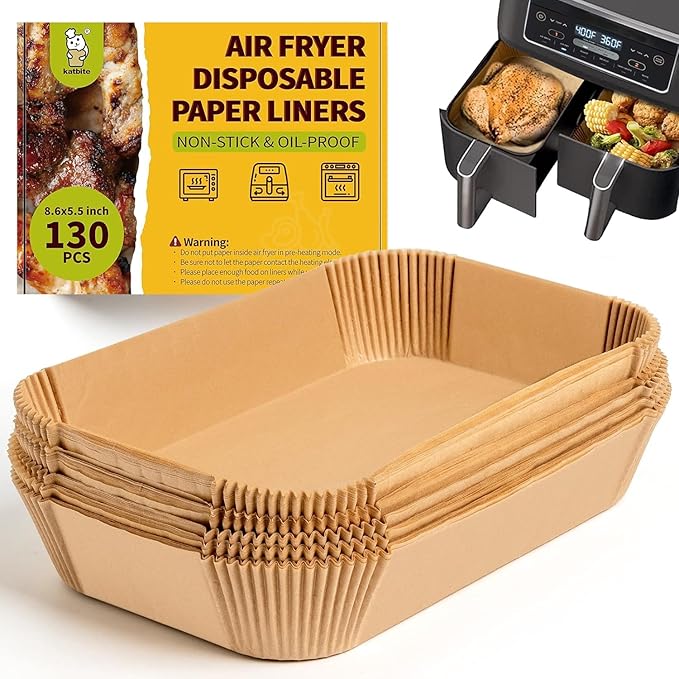 Katbite Air Fryer Liners Disposable - 8.6x5.5'' 130PCS Rectangle Paper Liners, Thick Airfryer Parchment Paper Liners for Dual Air Fryer, DZ201, DZ401, FG551