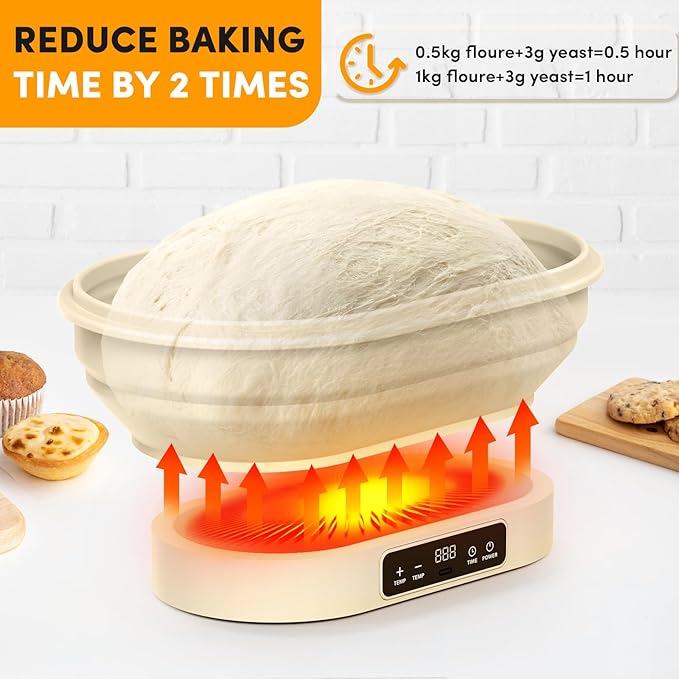 Heating Sourdough Bread Proofing Basket,Digital Display Bread Proofer with 6 Temperature Settings/7 Timing Settings,11 Inch Round Backlight Foldable Proofing Bowl for Silicone Basket,Food Warmer