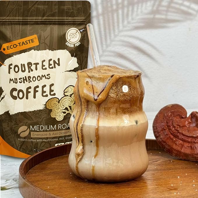 Mushrooms Coffee 14 in 1, Arabica Coffee with Lion's Mane, Reishi, Maitake, Turkey Tail, Chaga Fruiting Body Extract, MCT, Black Tea, 30% Beta-Glucan for Focus & Gut Health Support, 6.35oz