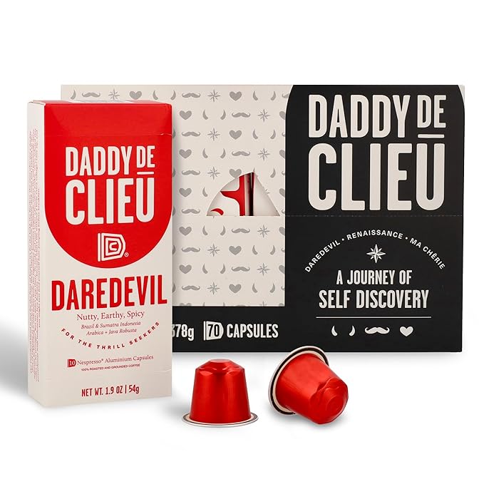 Daddy De Clieu Daredevil Coffee Pods (Bold, Dark Roast, Arabica and Robusta Blend), Compatible with Nespresso Original Line Machines, Recyclable Aluminum Capsules, 70 Count