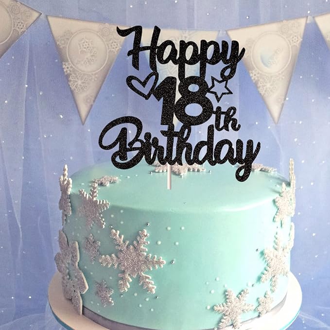 1 Pack Happy 18th Birthday Cake Topper Glitter Heart Star 18 Fabulous Cake Pick Birthday Sign Cake Decorations for 18th Birthday Theme Party Supplies Black