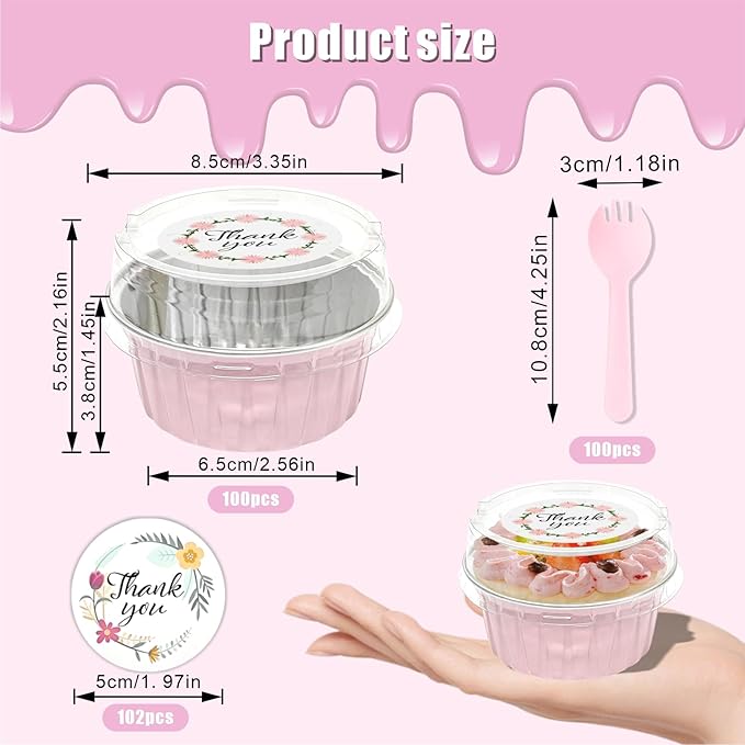 100 Pack Aluminum Foil Cuapcake Baking Cups w Lids Spoons and Stickers for Witch Pink Birthday Party, 5oz Mini Cake Pans Disposable Ramekins Muffin Cups Holder Cheesecake Containers for Wedding