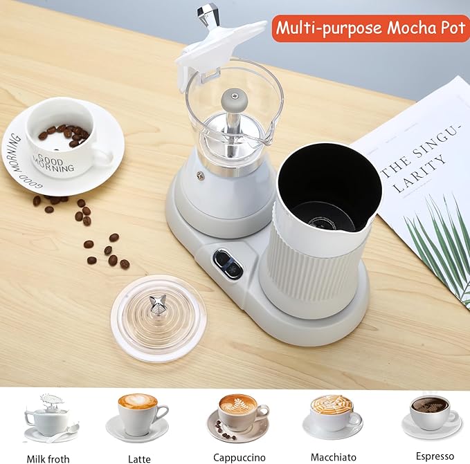 Espresso Maker with Milk Frother Electric Moka Pot 2-in-1 Espress Machine Aluminium One-Touch Operation Milk Froth Fine and Dense White 110V