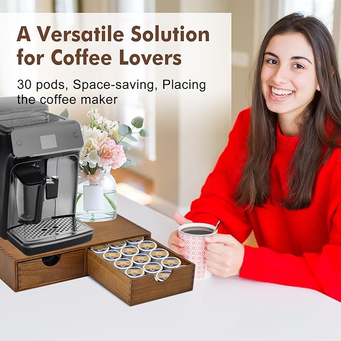 Wooden K Cup Organizer Coffee Pod Storage Box - K Pod Holder with Two Drawers, K Cup Drawer Under Brewer and Coffee Maker Machine Stand, 30 Pod Capacity, Style A ??,<div>