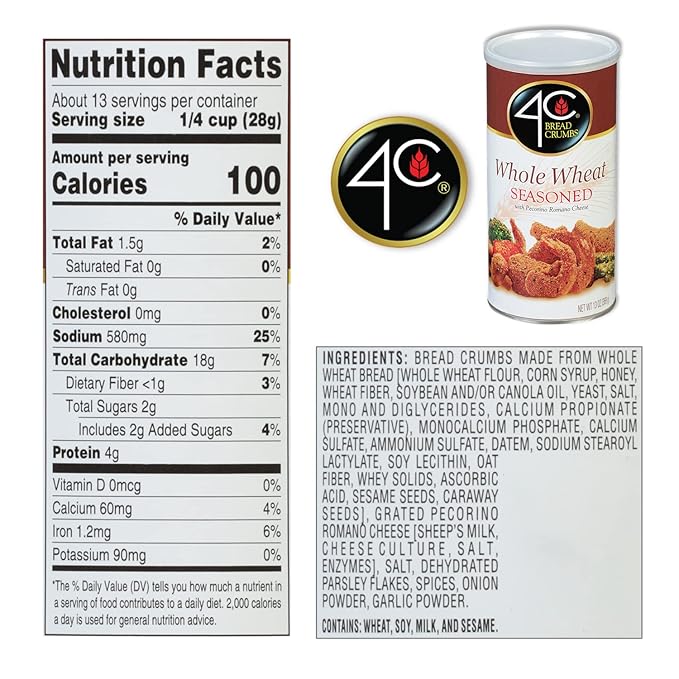 4C Premium Bread Crumbs, Whole Wheat Seasoned with Pecorino Romano Cheese 6 Pack, Flavorful Crispy Crunchy, Value Pack