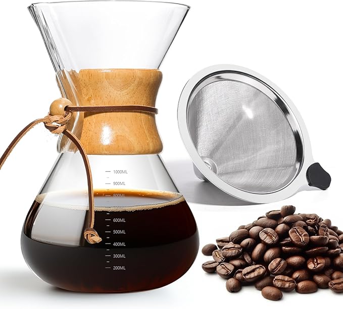 Pour Over Coffee Maker 34 OZ, 10 Cup Borosilicate Glass Drip Coffee Maker with Reusable Stainless Steel Filter and Cork Grip for Home Caf챕 1000 ML