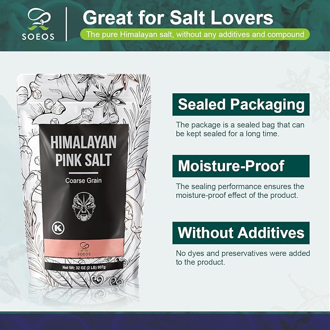 Soeos Himalayan Pink Salt, Coarse Grain, 2 Pound (32 Oz), Pink Himalayan Sea Salt, Himalayan Salt Coarse Salt, Pink Salt for Grinder Refill, Kosher & Natural Certified, Healthy