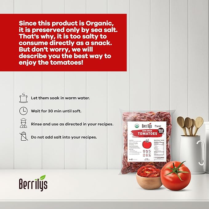 Sun-Dried Tomatoes, 2 LBS, USDA Organic, Berrilys, No Sulfur, No Preservatives, Seasalt is used as natural preservative, Raw, Non-GMO, Great Ingredient for Baking and Cooking