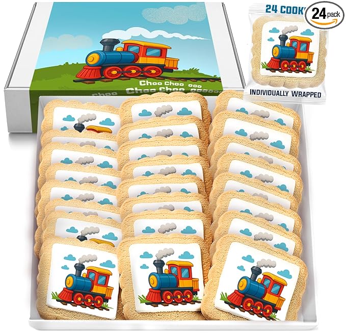 Train Cookies Choo Choo Train Theme Party Favors | Individually Wrapped 24 Pack Themed Cookies | Transportation Vehicles | Birthday Baby Shower Kids Adults Treats