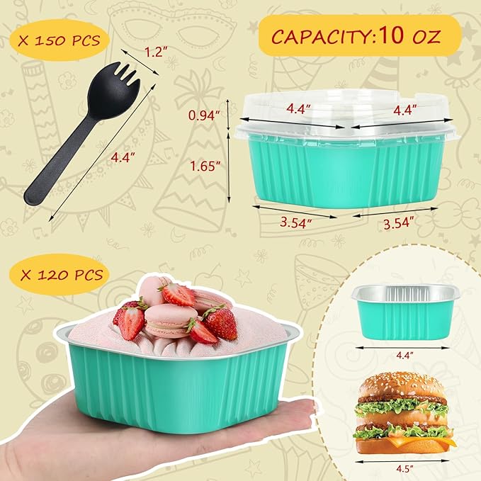LNYZQUS 120pack/10oz Foil Mini Cake Tins with Lids 4?�X4??Small Cake Baking Pans Cupcake Containers,Disposable Ramekins Mini Aluminum Brownie Pan Large Muffin Cups Holders-Cyan Blue