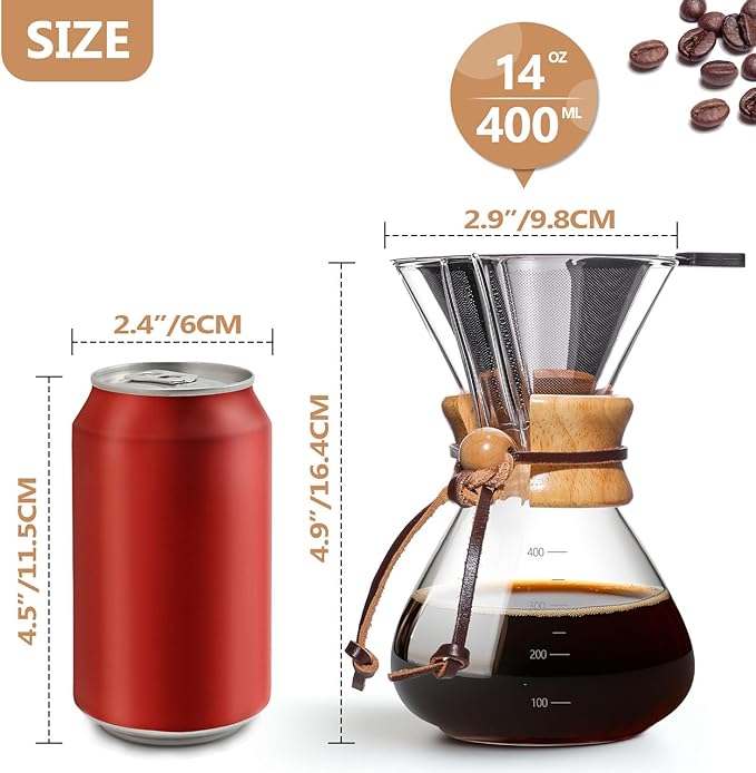 Pour Over Coffee Maker 14 OZ, 4 Cup Borosilicate Glass Drip Coffee Maker with Reusable Stainless Steel Filter and Cork Grip for Home Caf챕 400 ML